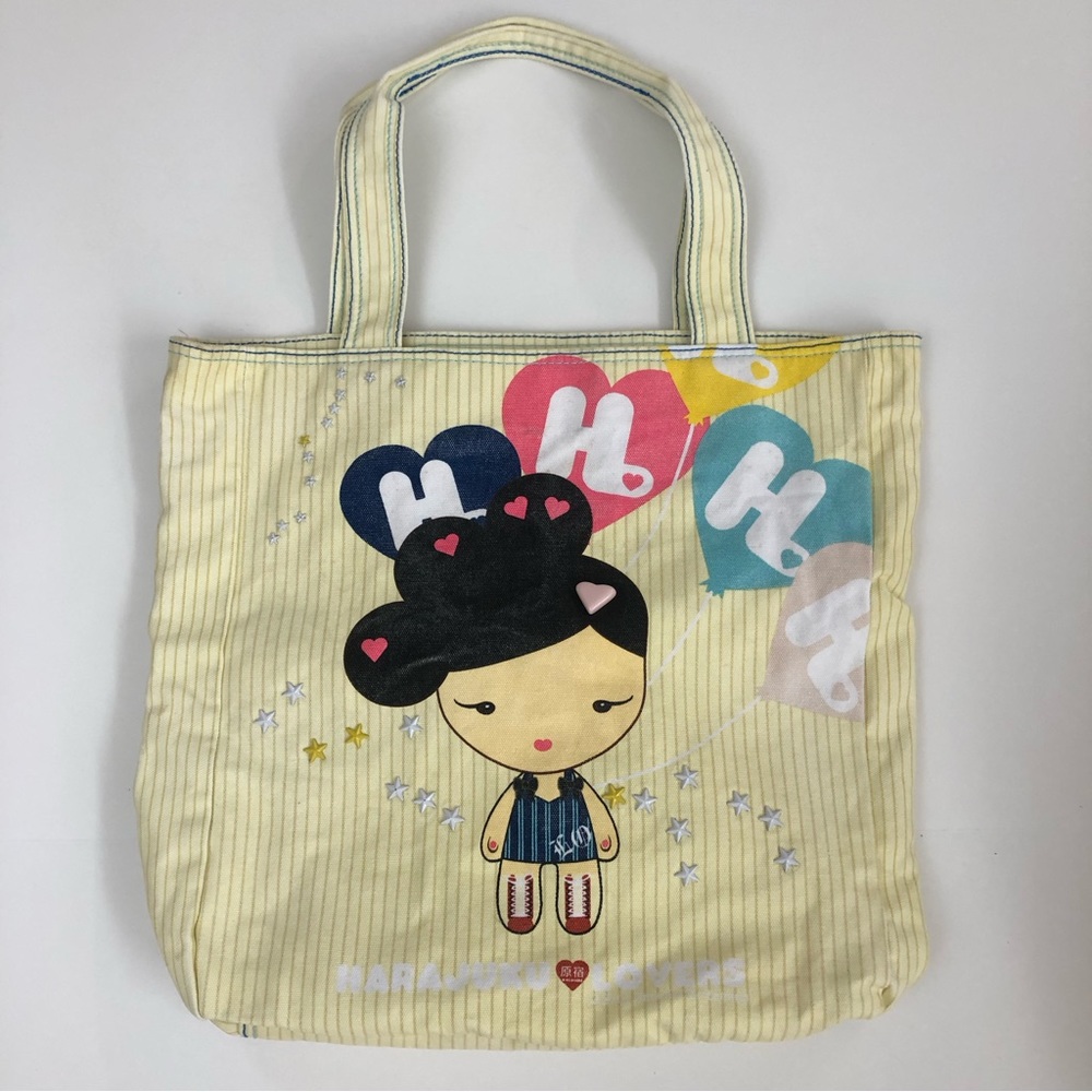 Harajuku Lovers Yellow Pinstripe Embellished Canvas Tote Bag